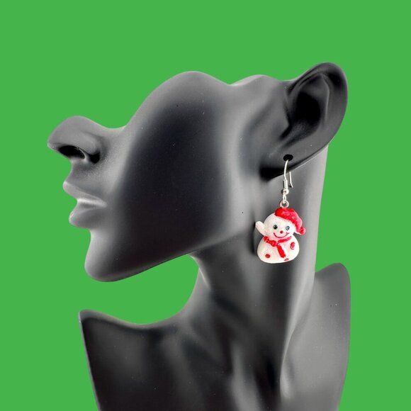 Sparkly Snowman Earrings White Snowman in Red Cap and Scarf - Picture 6 of 6